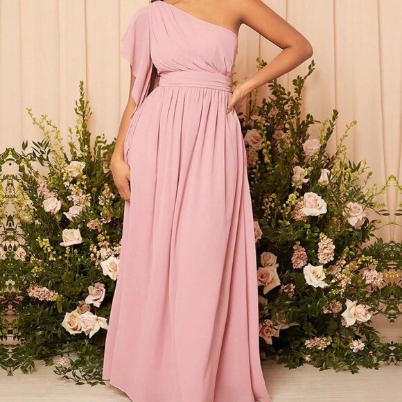 One Shoulder Ruched Chiffon Maxi Dress Pink Bridesmaid formal prom - Picture 1 of 5